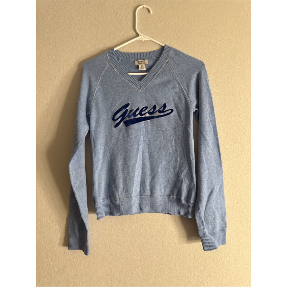Guess Authentic Womens Light Blue V-Neck Sweater Velvet Script Logo Size M